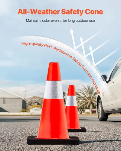 Vista 3 de VEVOR Conos de seguridad, paquete de 5 conos de tráfico de 18 pulgadas, conos de construcción naranja de PVC con collares reflectantes y base negra