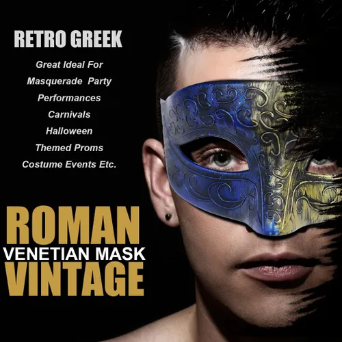 Vista 5 de Máscara de máscaras para hombres, parejas, máscara griega romana para Mardi Gras veneciano, disfraces, fiesta, baile de graduación (oro real + azul)