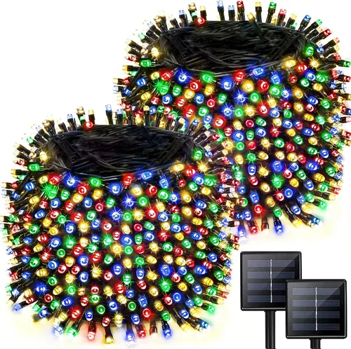Vista 10 de Paquete de 2 tiras de luces solares de 480 LED para exteriores, luces solares súper largas de Navidad de 170 pies para exteriores con 8 modos