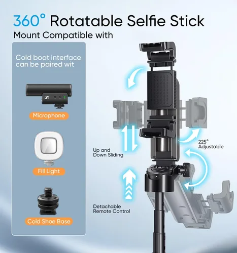 Vista 5 de MAGIC JOHN Trípode para teléfono, palo de selfie portátil, trípode de bolsillo para iPhone, palo selfie con control remoto desmontable y 2 luces