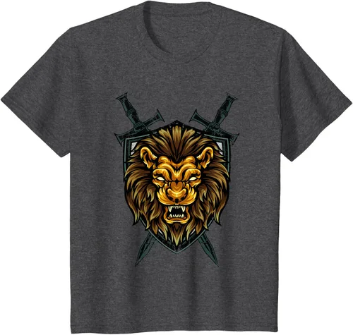 Vista 25 de Camiseta con diseño de caballero medieval renacentista, con diseño de espada de león, Negro, S