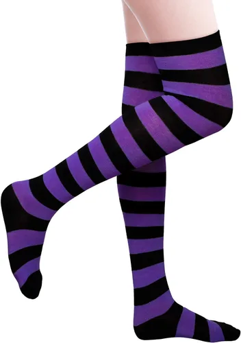 Vista 5 de Aneco 4 pares de calcetines de rayas altas por encima de la rodilla, accesorios de Halloween, cosplay, calcetines altos para adultos, mujeres y niñas