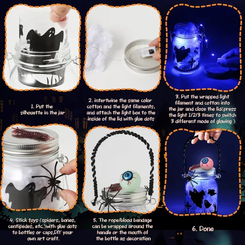 Vista 6 de OCHIDO Actividades de manualidades de Halloween para niños, paquete de 6 tarros de cristal para actividades artísticas escolares, suministros