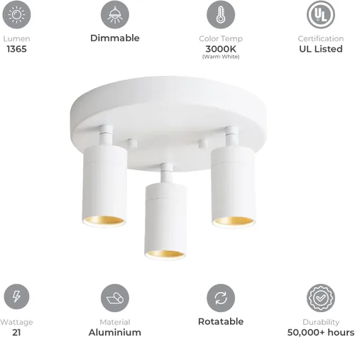 Vista 5 de Shura - Lámpara de techo LED redonda integrada de 3 luces blancas con cabezales giratorios, luz de techo empotrada ajustable, 3000 K, 1365 lúmenes