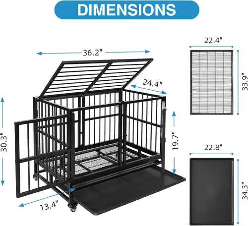 Vista 3 de Jaula indestructible para perros de 37 pulgadas con panel divisor extraíble, jaula resistente para mascotas para dos perros con ruedas de bandeja