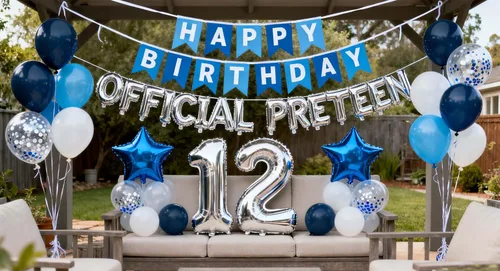 Vista 7 de Decoraciones de fiesta de cumpleaños número 12 azul para niñas, pancarta de cumpleaños número 12, globos de papel de aluminio de cumpleaños azul