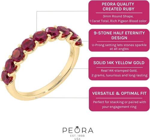 Vista 5 de PEORA Solid 14K Gold 1 Carat Created Ruby 9-Stone Half Eternity Band for Women, Wedding Anniversary Stackable Ring, Sizes 4 to 10