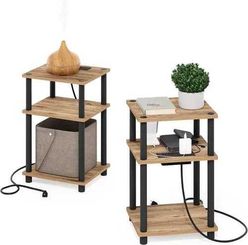 Vista 30 de Furinno Claude Mesa Auxiliar, Mesa Lateral de Mediados de Siglo con Estación de Carga, Mesita de Noche con Patas de Madera, Mesa de Cabecera