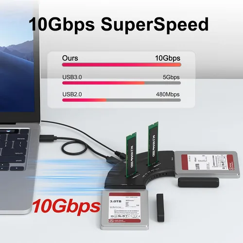 Vista 3 de Unitek Carcasa para disco duro dual M.2 y SATA dual 4 en 1, estación de acoplamiento USB-C de 4 bahías para 2X NVMe PCIe y 2 unidades de disco duro