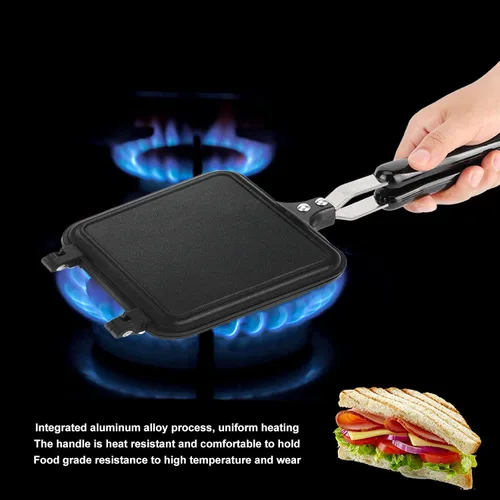 Vista 3 de Zerodis Sartén de doble cara antiadherente, sartén abatible para desayuno, sandwichera con placa de parrilla de hierro fundido, prensa Panini