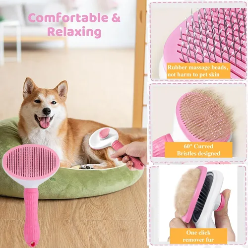 Vista 2 de 6-in-1 Pet Grooming Kit Self-Cleaning Slicker Brush Nail Clippers Comb Toothbrush Set for Dogs Cats