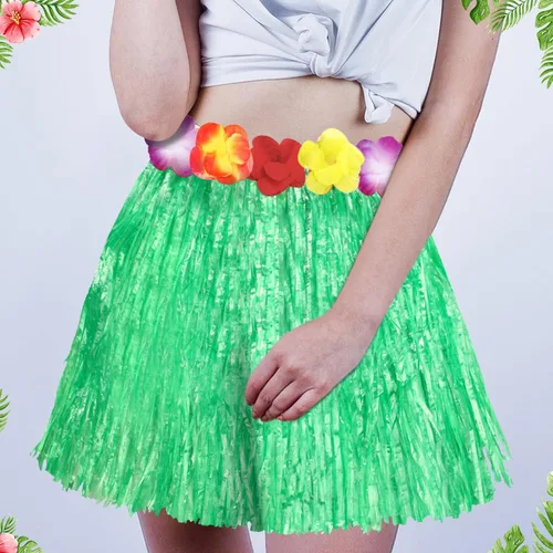 Vista 5 de Shappy 12 piezas hawaiano Luau Hibiscus verde seda imitación flores hula hierba hula falda para fiesta de disfraces, cumpleaños, celebración (verde)