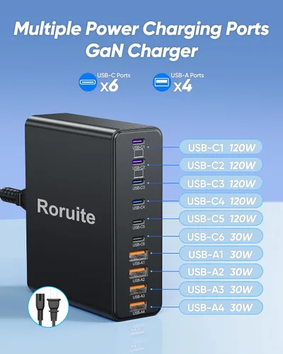 Vista 4 de Estación de carga USB C de 1000W, bloque de cargador USB C súper rápido de 120W PD GaN5 Type C for PC Laptop MacBook Pro/Air 10 Port Charger