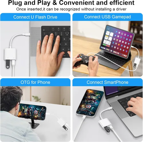 Vista 7 de Adaptador de cámara USB a USB C con puerto de carga para iPhone 16e 16 15 MacBook, adaptador USB hembra OTG para Android Samsung Galaxy A17 A36 A56