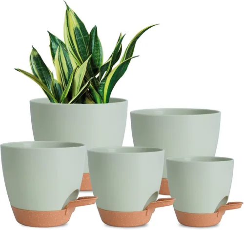 Vista 14 de Vanslogreen Macetas Paquete de 5, Macetas de 7/6.5/6/5.5/5 Pulgadas de Riego Automático con Agujeros de Drenaje para Plantas de Interior, Macetas