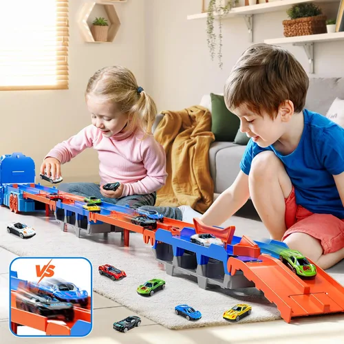 Vista 5 de Camión transportador de dinosaurios de juguete para niños de 3, 4, 5, 6 años, traje de pistas de autos para niños con 12 autos de carreras fundidos