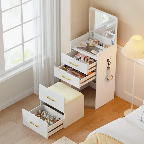 Vista 13 de Lvifur Escritorio de tocador 3 en 1 con espejo y luces, mesa de tocador de maquillaje con taburete acolchado, mesa de tocador compacta y escritorio