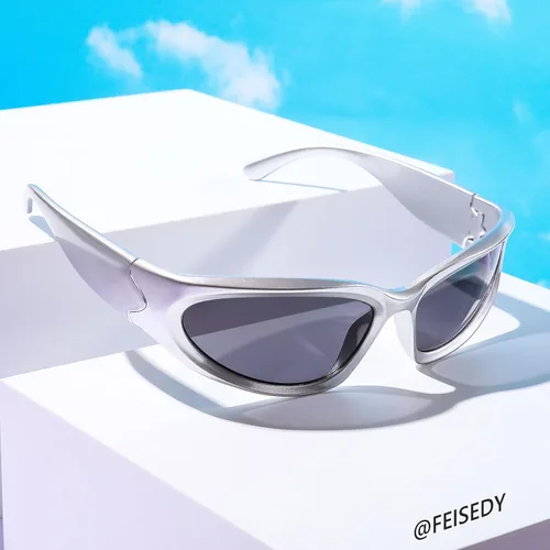 Vista 8 de FEISEDY Gafas de sol futuristas envolventes ovaladas y frescas Y2K con marco grueso, vintage de los años 90 para hombres y mujeres, B2951