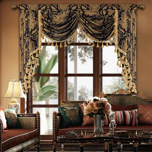 Vista 50 de Loom and Mill Cenefa de cascada de lujo de jacquard para sala de estar, elegantes cenefas de ventana con festones y cuentas damascadas, cortinas