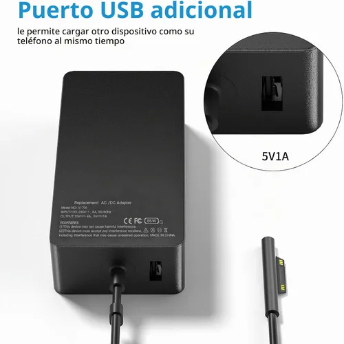 Vista 5 de Cargador de portátil Surface Pro de 65 W para Microsoft Surface Pro 10/9/8/7/6/5/4/3/X, Windows Surface Laptop 6/5/4/3/2/1, Surface Book 3/2/1