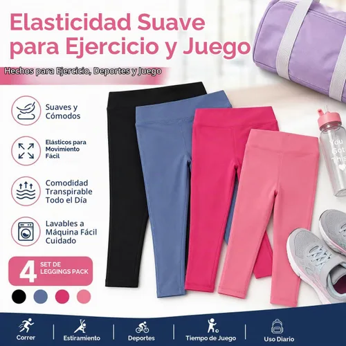 Vista 4 de BTween Paquete de 4 leggings para niñas, ejercicio, mallas deportivas con cintura ancha para niñas Basc1