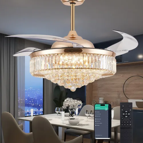 Vista 15 de DuMaiWay Ventilador de techo de 30 pulgadas con lámpara de cristal de luz, ventilador de techo reversible moderno, regulable, temporizador Negro