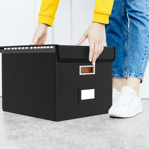 Vista 5 de Caja organizadora de archivos Huolewa con tapa, caja organizadora de carpetas de archivos colgantes de cuero sintético plegable con deslizadores