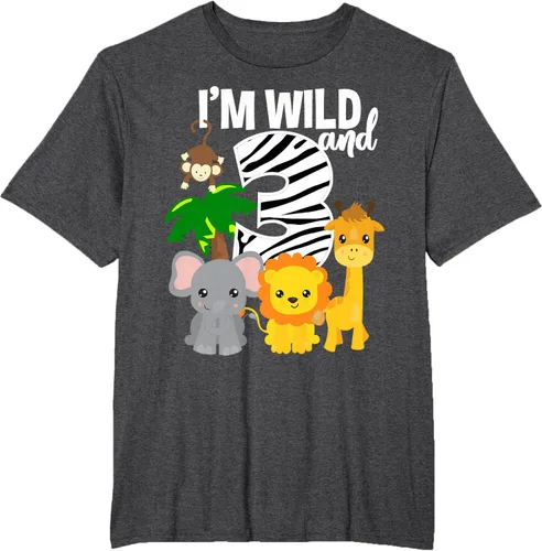 Vista 20 de Camiseta de cumpleaños con temática de zoológico de I'm Wild and 3, Negro, S