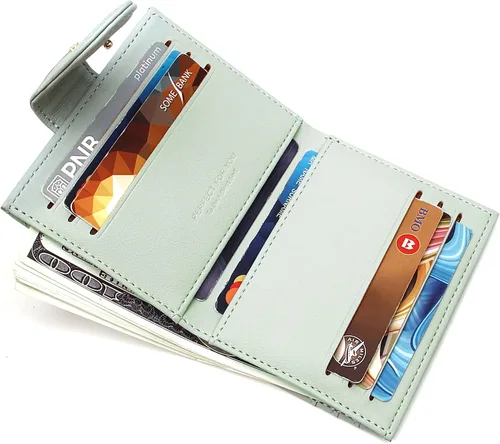 Vista 2 de Badiya Billeteras pequeñas para mujer, billetera plegable multitarjetero delgado con cremallera, Verde claro, Minimalista