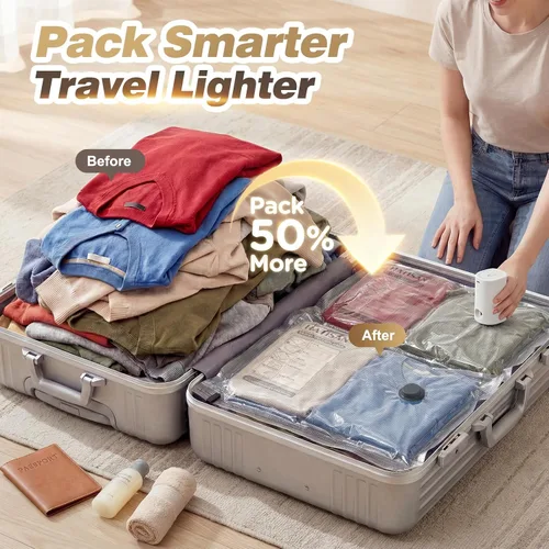 Vista 2 de 10 bolsas de sellado al vacío para ropa de viaje con bomba eléctrica recargable, bolsas de almacenamiento al vacío ahorradoras de espacio