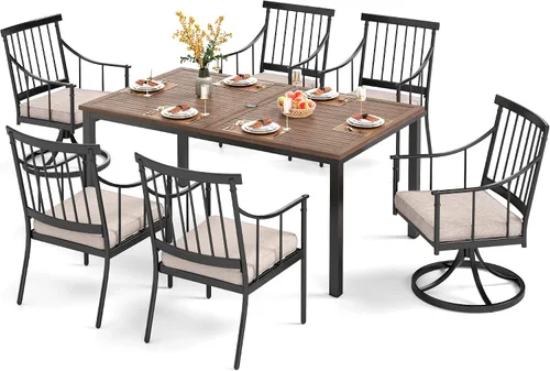 Vista 26 de PHI VILLA Juego de mesa de comedor para patio de 7 piezas con cojín para 6, mesa grande rectangular de metal para exteriores con orificio para Silla