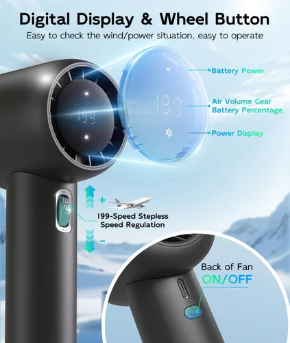 Vista 5 de Ventilador portátil recargable – Ventiladores de mano turbo de alta velocidad de 15000 RPM con pantalla digital – Ventilador USB alimentado por