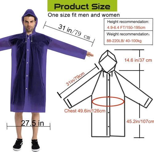 Vista 20 de Abrigos de lluvia (paquete de 2) – Ponchos de lluvia reutilizables de EVA para adultos, chaquetas impermeables para hombres y mujeres
