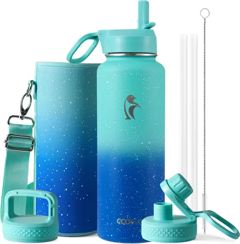 Vista 40 de Coolflask Botella de agua de 20 onzas aislada con pajilla, 3 tapas de metal de acero inoxidable, botella de agua de boca ancha para deportes u