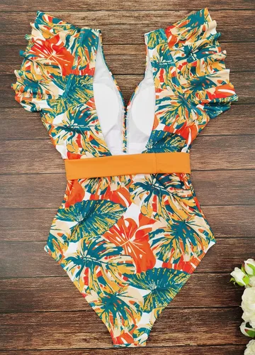 Vista 5 de Binlowis Traje de baño de una pieza con cuello en V profundo para mujer, estampado floral, traje de baño para playa
