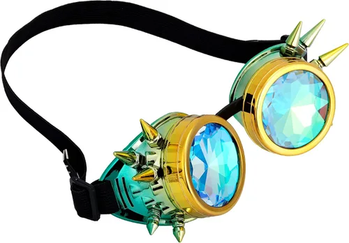 Vista 106 de Gafas de caleidoscopio retro con pinchos, gafas de cristal arcoíris steampunk estilo soldadura, gafas de cosplay punk