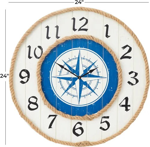 Vista 3 de Deco 79 Reloj de pared con brújula de madera con detalles de cuerda, 24 x 2 x 24 pulgadas, azul