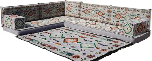 Vista 60 de arabicsofa Juego de asientos Jalsa en forma de L – Majlis árabe hecho a mano con almohadas de respaldo