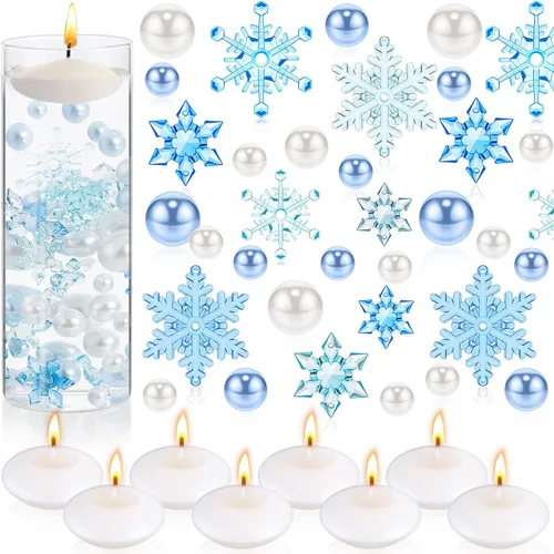 Vista 9 de 124 piezas de perlas de relleno de jarrón de Navidad para relleno de florero, decoración de mesa de Navidad, centro de mesa con 8 velas flotantes