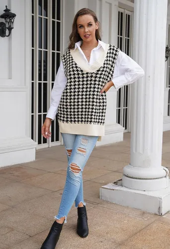 Vista 3 de Kisscynest Suéter de punto de gran tamaño con cuello en V para mujer, casual, holgado, sin mangas, suéter