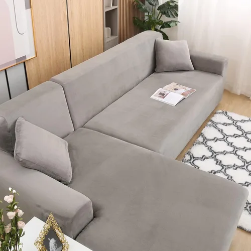 Vista 3 de Fundas para sofá modular, 2 fundas de sofá en forma de L con fundas de almohada, fundas elásticas de terciopelo para sofá de 3 + 3 plazas, fundas