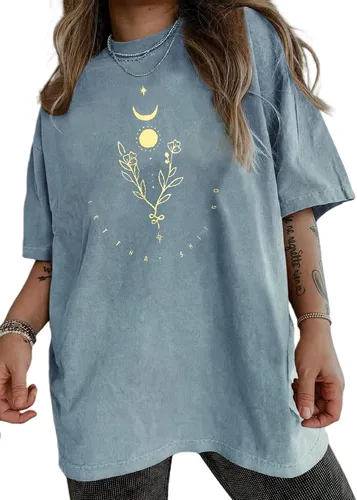 Vista 5 de Remidoo - Camiseta informal de manga corta para mujer, cuello redondo, corte amplio, con estampado de arcoíris