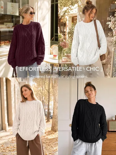Vista 6 de Trendy Queen Suéteres de punto trenzado de gran tamaño para mujer, trajes Verde militar