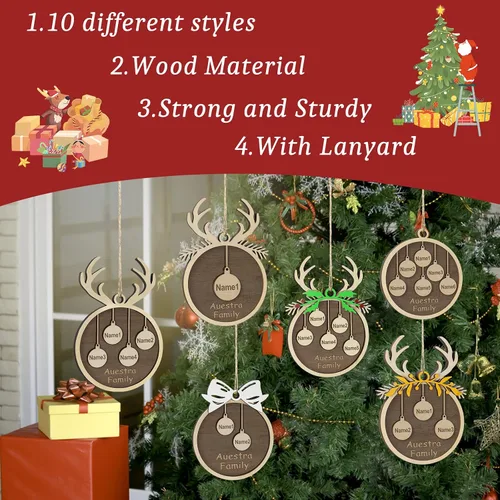 Vista 2 de Adornos de Navidad personalizados, familia de 1 nombre, adornos de Navidad de madera personalizados, decoración personalizada, decoración de árbol
