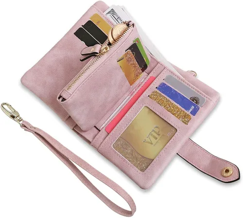 Vista 4 de AOXONEL Women's Small Bifold Leather wallet Rfid blocking Ladies Wristlet with Card holder id window Coin Purse