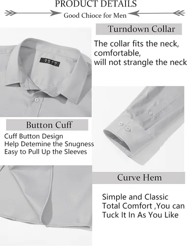 Vista 4 de TACVASEN Mens Dress Shirts Long Sleeve Slim Fit Solid Casual Business Button Down Shirt