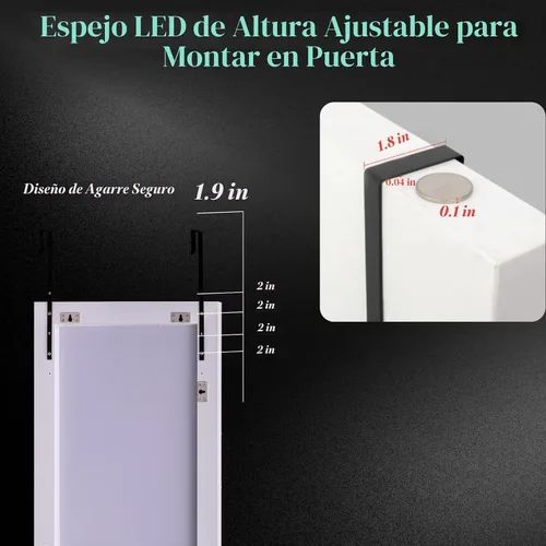 Vista 6 de LUXFURNI Full Length Mirror with LED Lights, Lighted Door Hanging Mirror Full Body, Wall Mounted Light Up Full Length Mirror for Bedroom Living