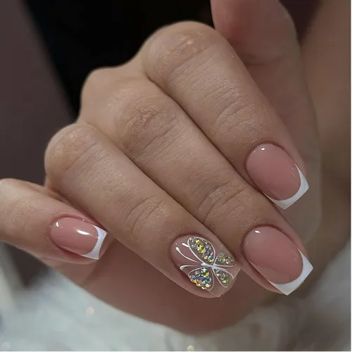 Vista 12 de Uñas postizas cortas cuadradas MABKJLF, uñas francesas falsas con gradiente, uñas de cobertura completa, flores blancas, uñas falsas con diseños