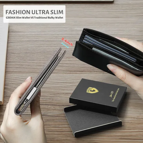 Vista 10 de GSOIAX Cartera delgada de cuero plegable RFID para hombre, billetera minimalista con bolsillo frontal con clip para dinero, 12 ranuras para Negro