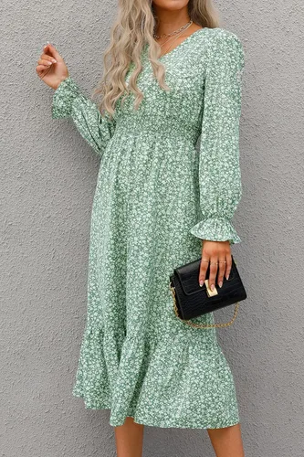 Vista 3 de PRETTYGARDEN Vestido de otoño casual de manga larga para mujer, estilo bohemio, plisado, cuello en V, volantes, estampado floral, vintage, vestidos